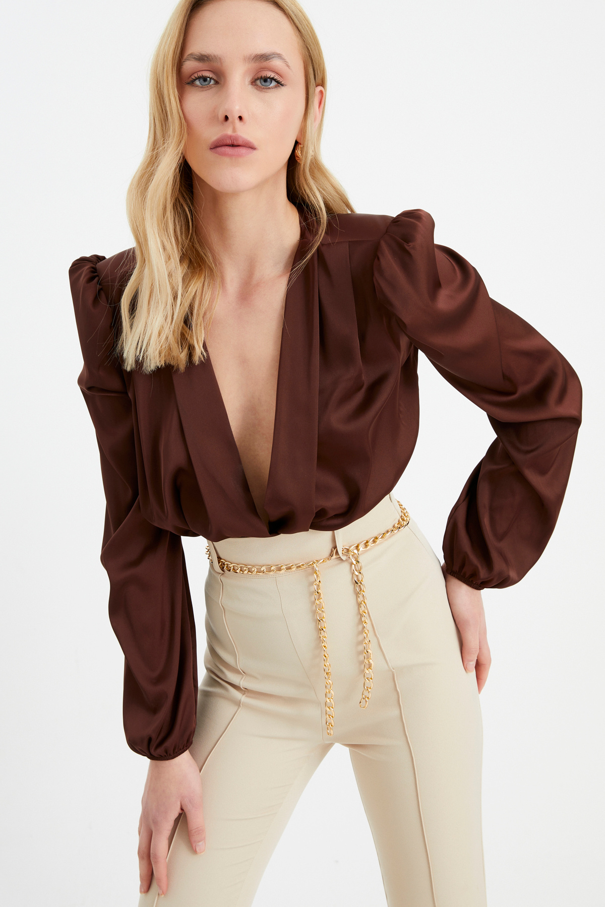 Kruvaze saten bodysuit - KOYU KAHVE
