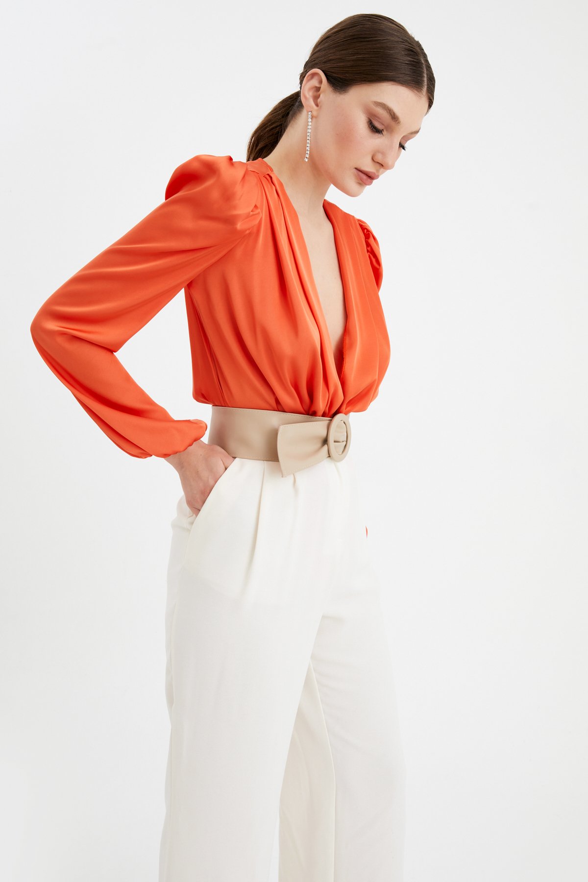 Kruvaze saten bodysuit - ORANJ