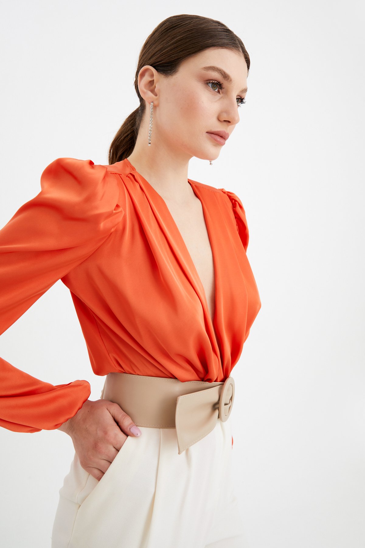 Kruvaze saten bodysuit - ORANJ