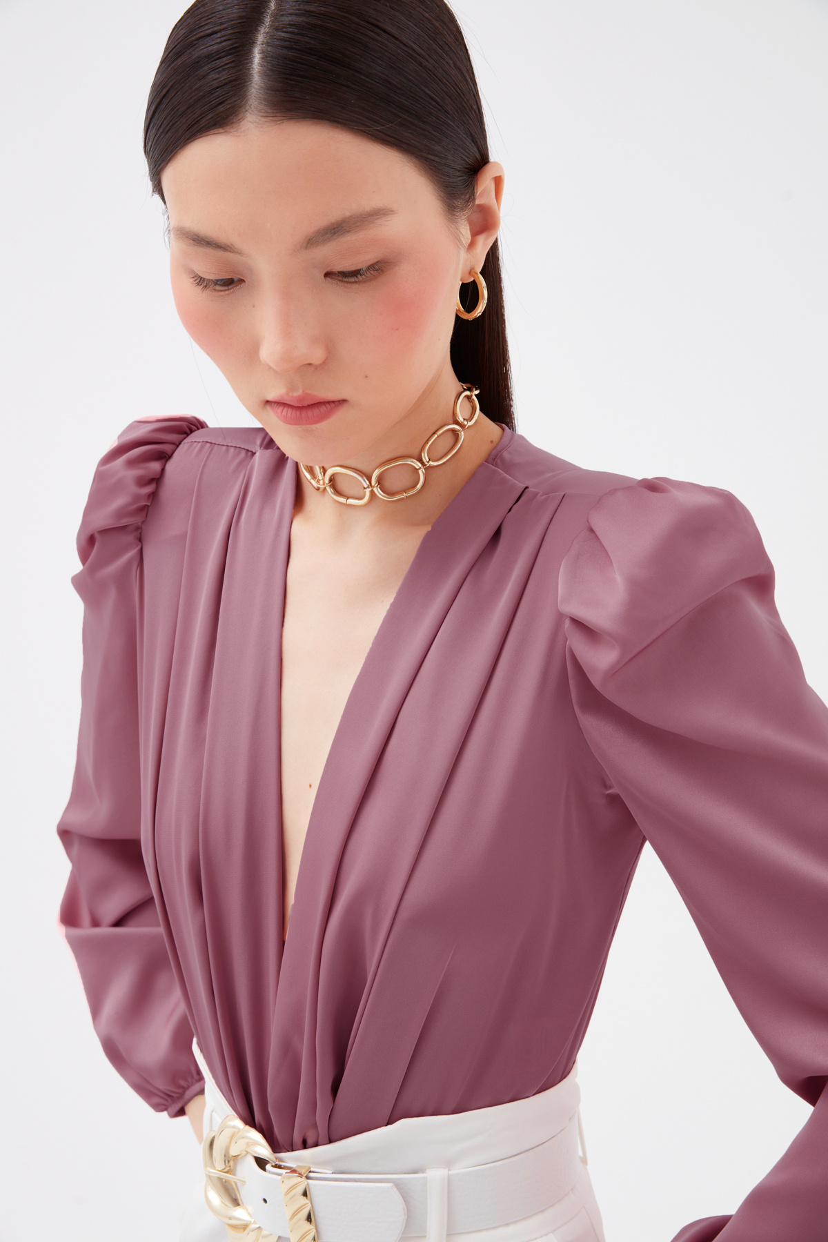 Kruvaze saten bodysuit - PUDRA
