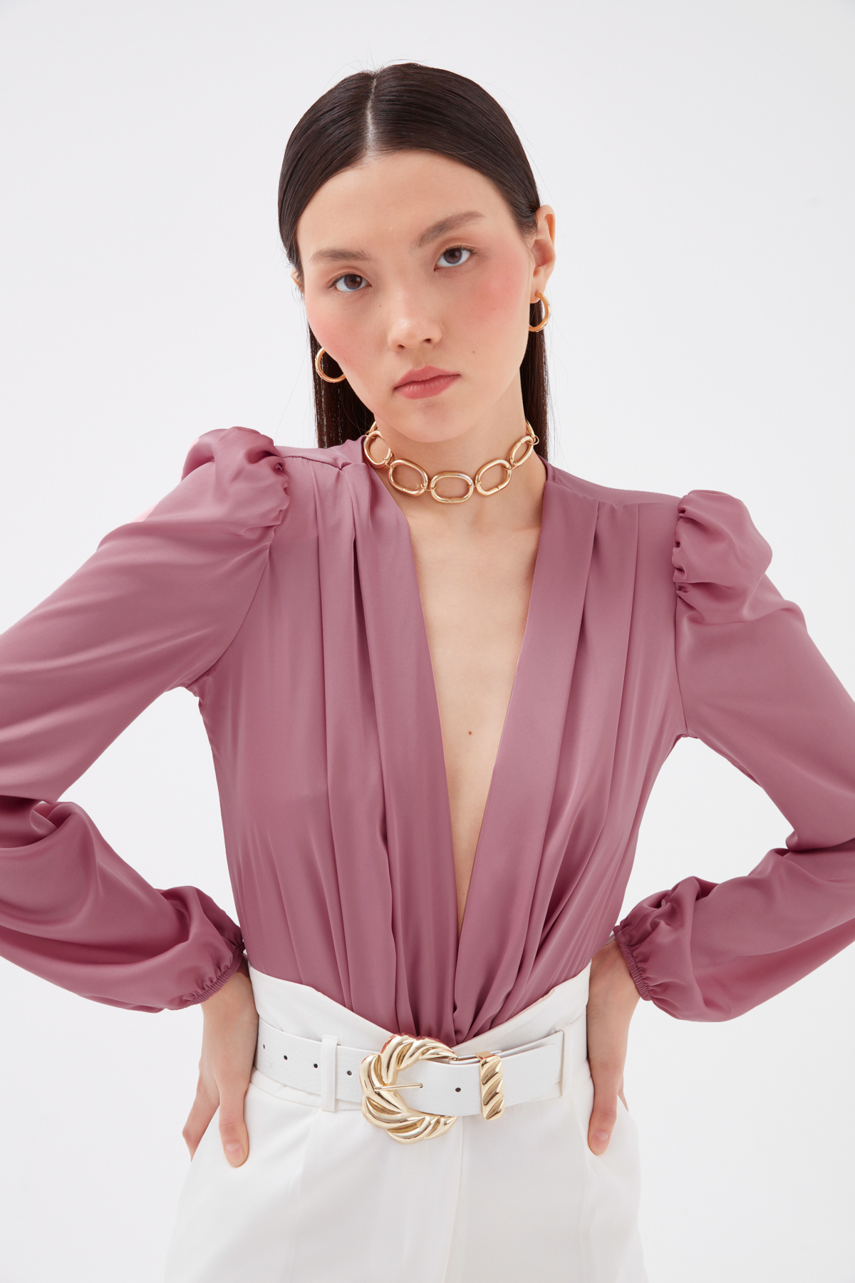 Kruvaze saten bodysuit - PUDRA