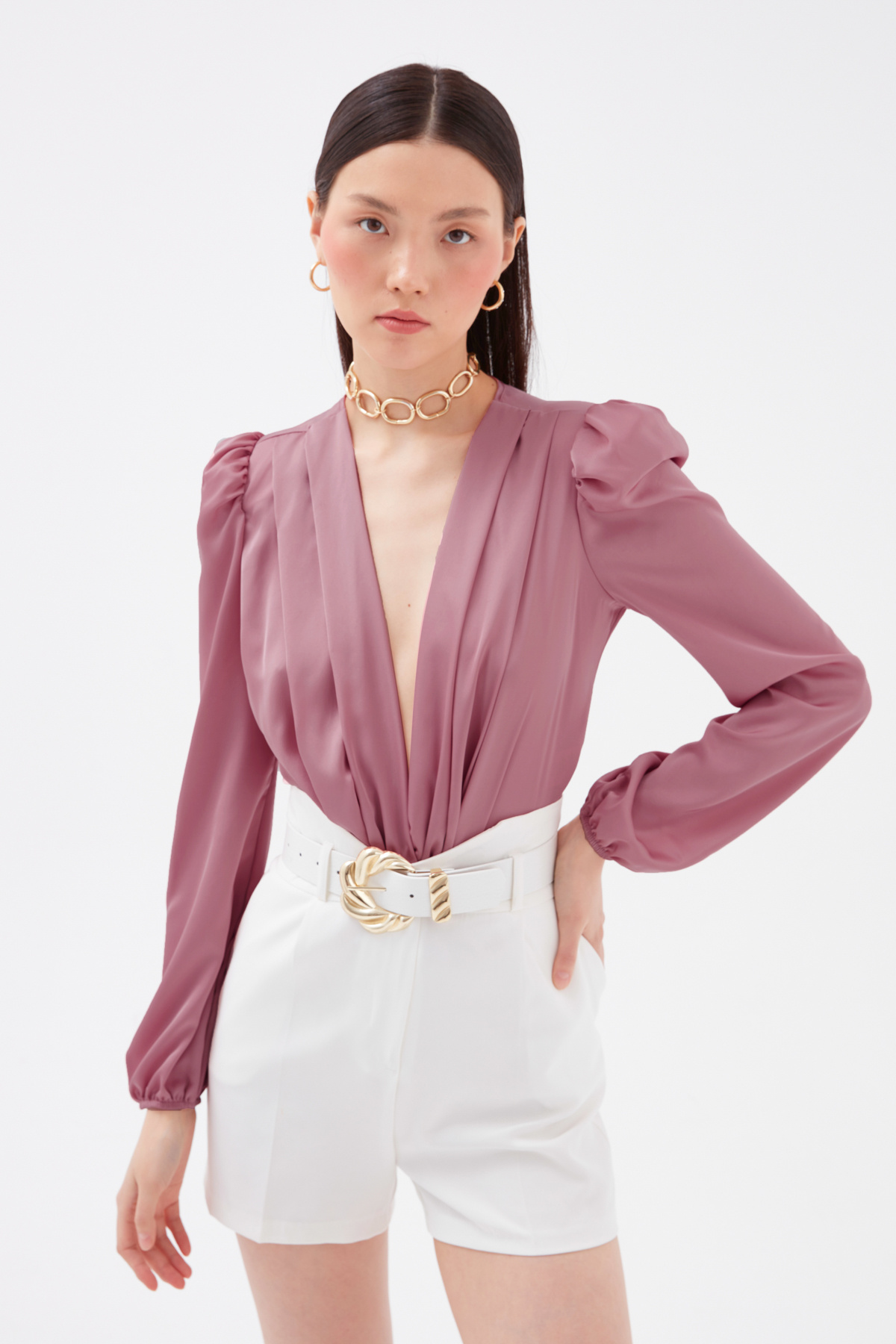 Kruvaze saten bodysuit - PUDRA