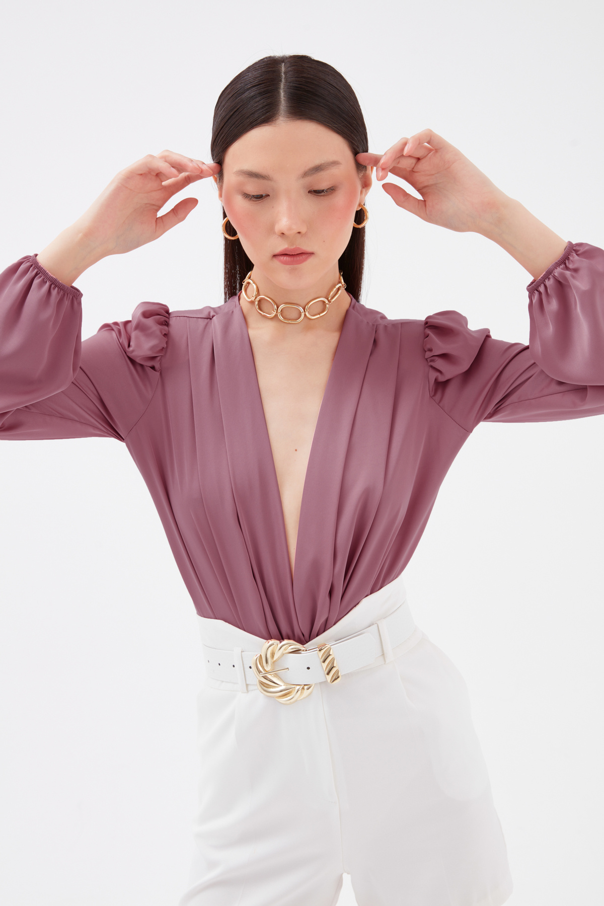 Kruvaze saten bodysuit - PUDRA