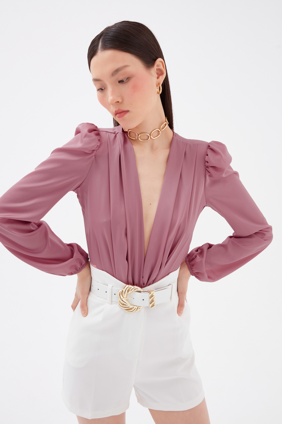 Kruvaze saten bodysuit - PUDRA