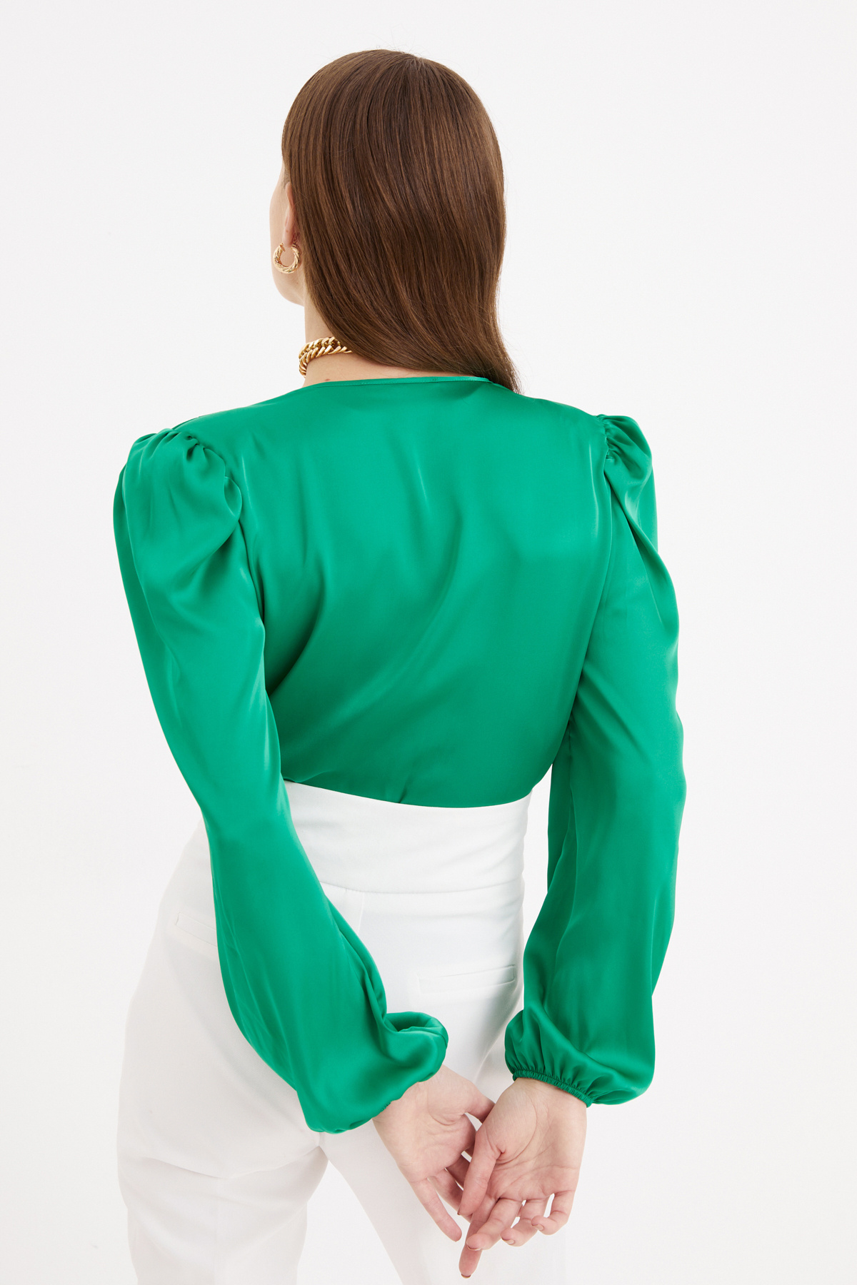 Kruvaze saten bodysuit - YEŞİL