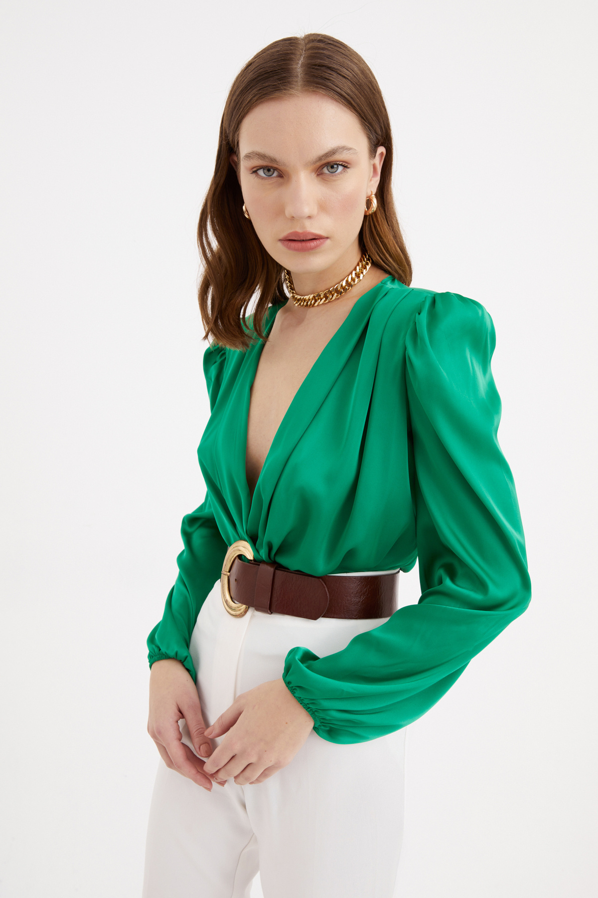 Kruvaze saten bodysuit - YEŞİL