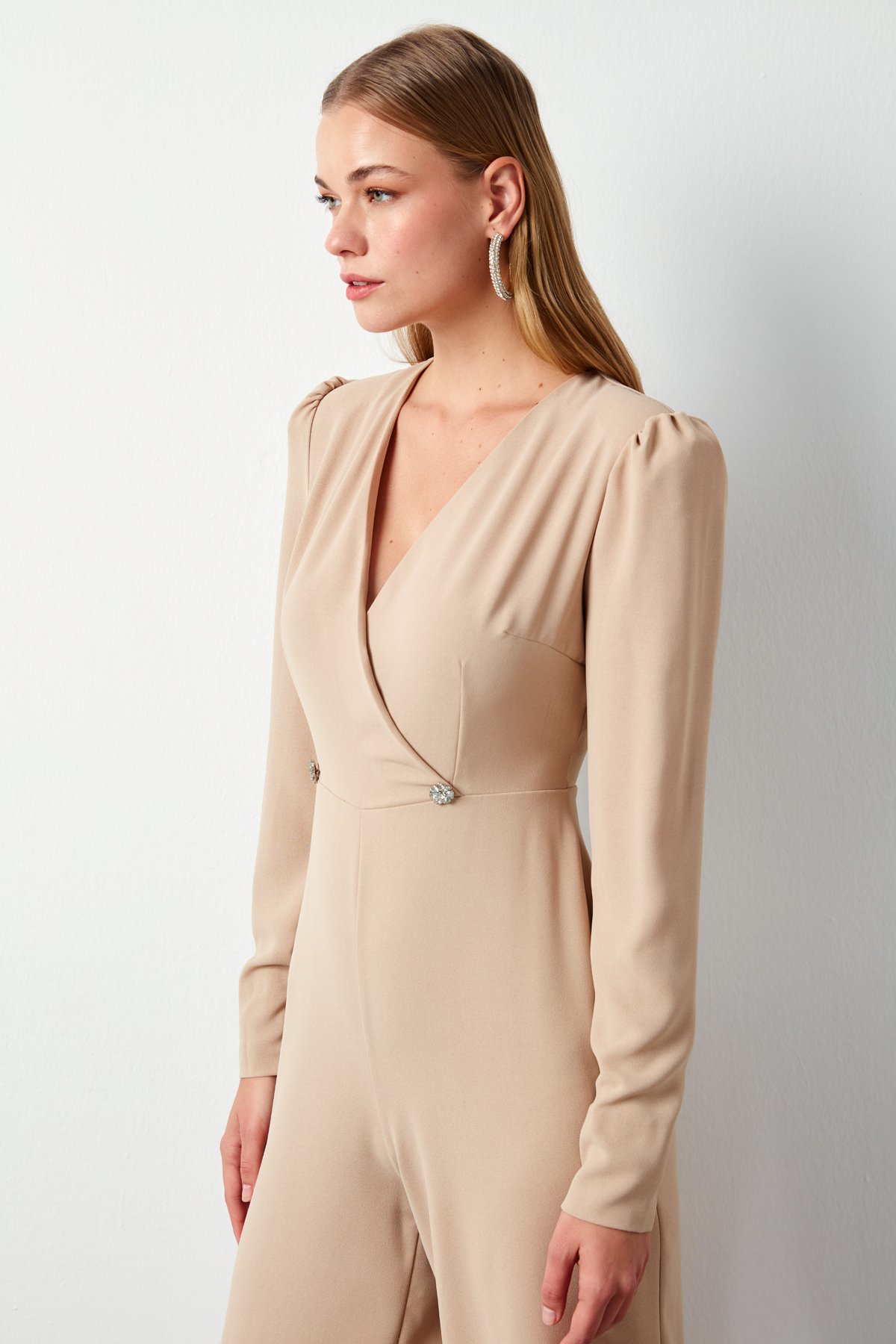 Double Breasted Crepe Jumpsuit with Ornamental Stones - BEIGE