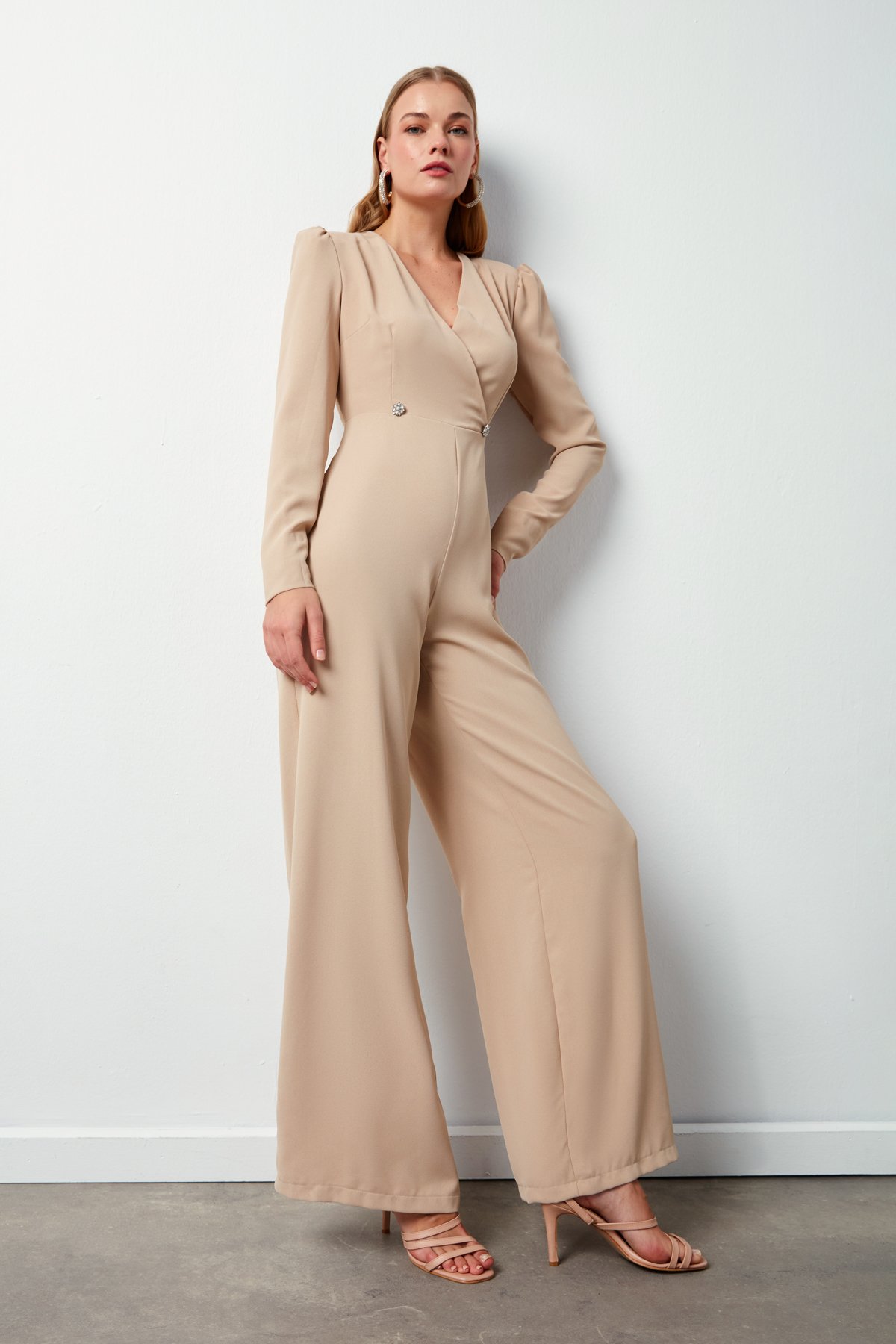 Double Breasted Crepe Jumpsuit with Ornamental Stones - BEIGE