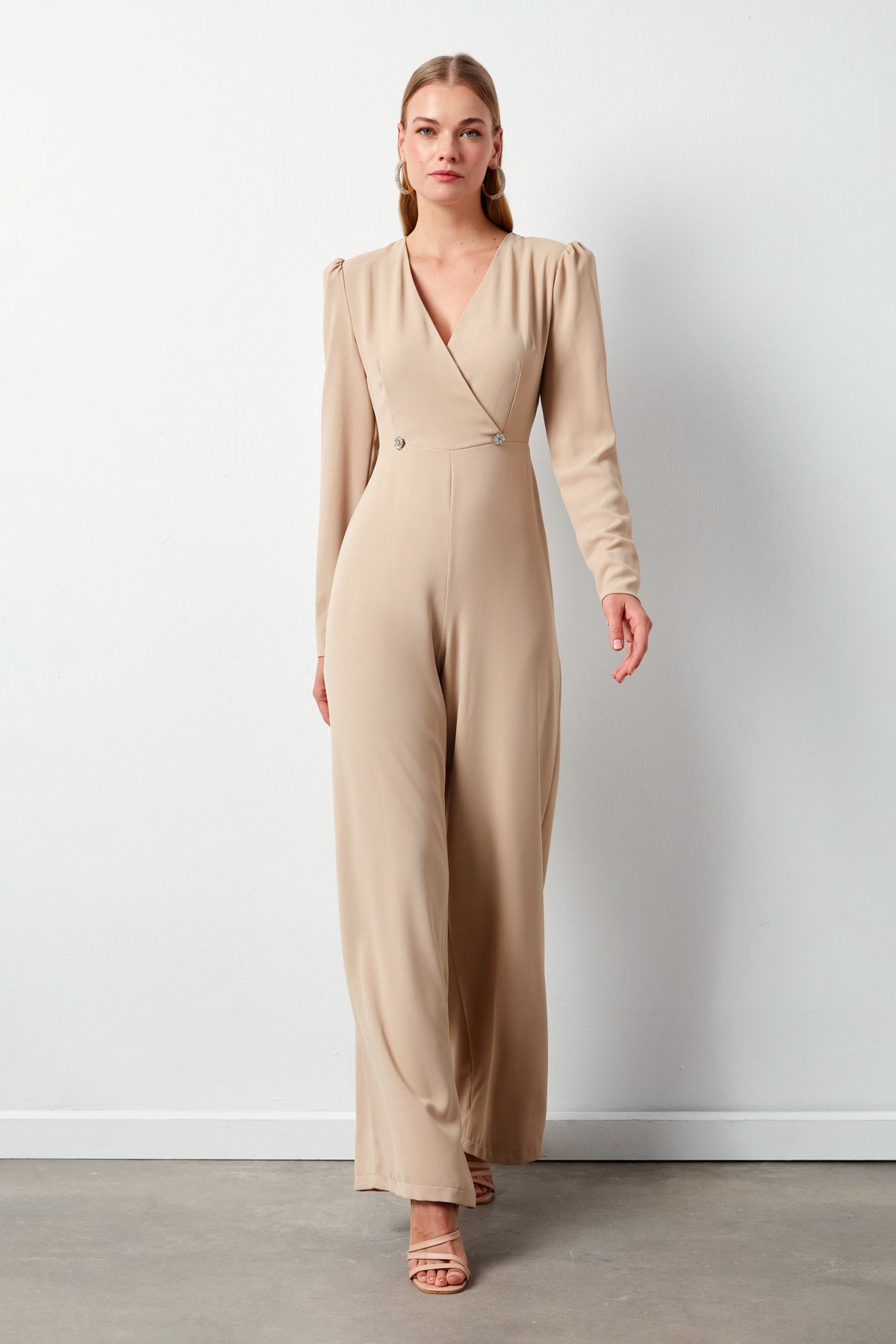 Double Breasted Crepe Jumpsuit with Ornamental Stones - BEIGE