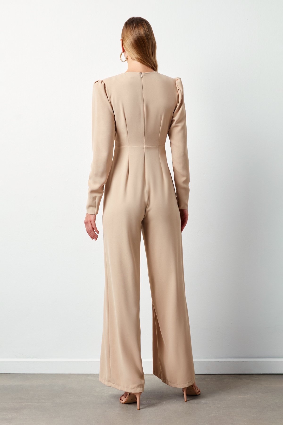 Double Breasted Crepe Jumpsuit with Ornamental Stones - BEIGE