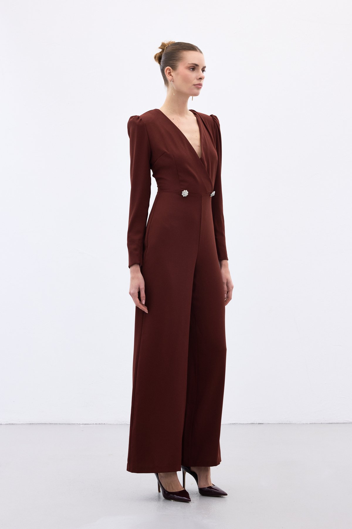 Double Breasted Crepe Jumpsuit with Ornamental Stones - Maroon