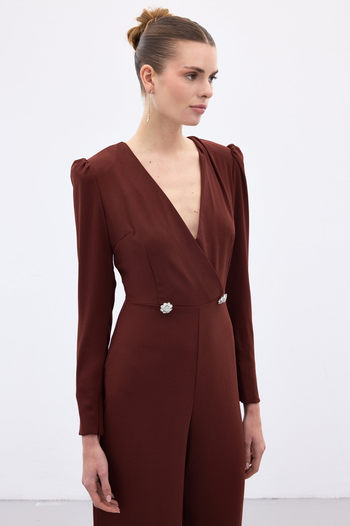 Double Breasted Crepe Jumpsuit with Ornamental Stones - Maroon