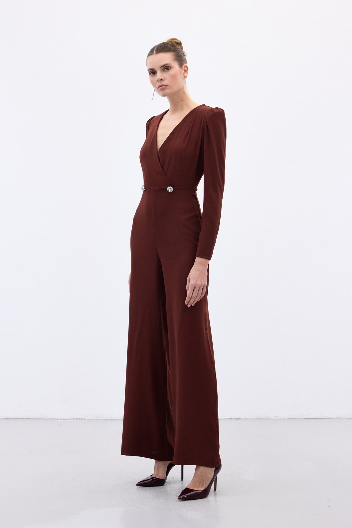 Double Breasted Crepe Jumpsuit with Ornamental Stones - Maroon