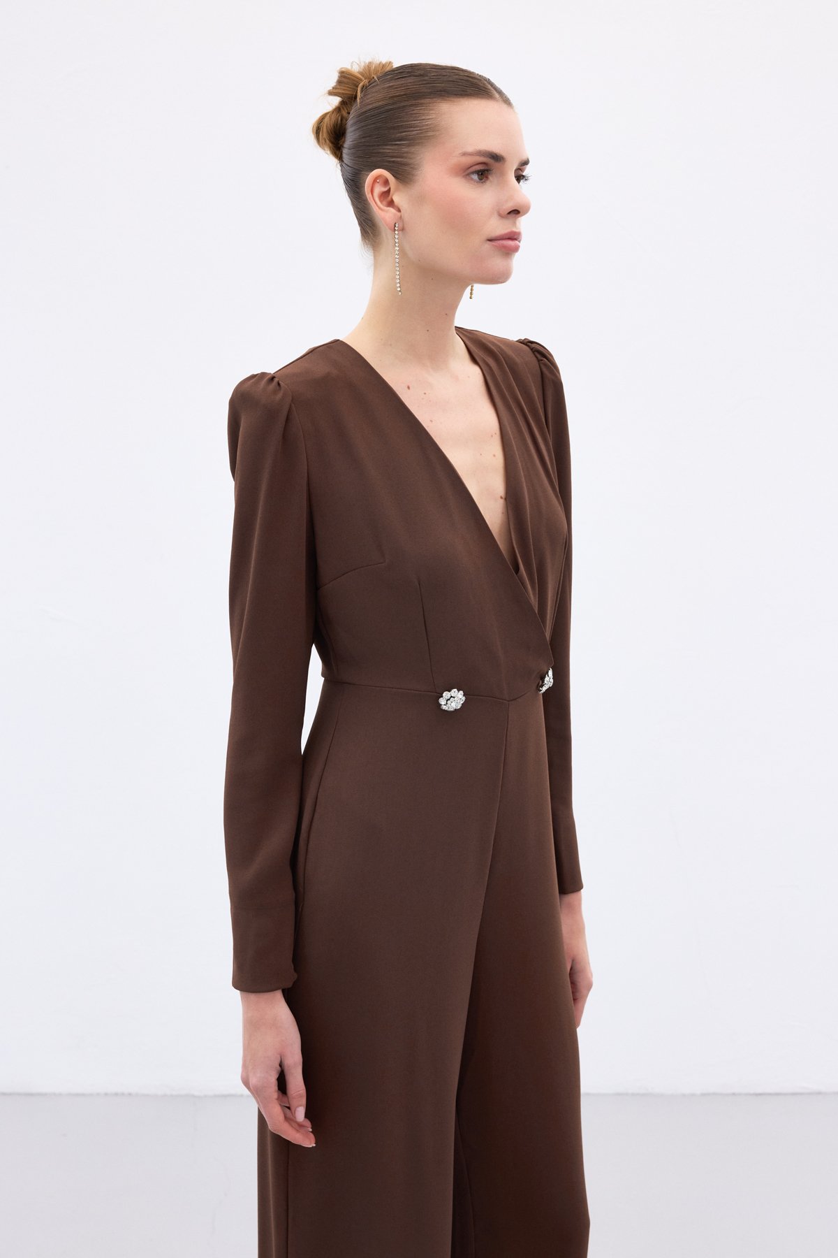 Double Breasted Crepe Jumpsuit with Ornamental Stones - Brown