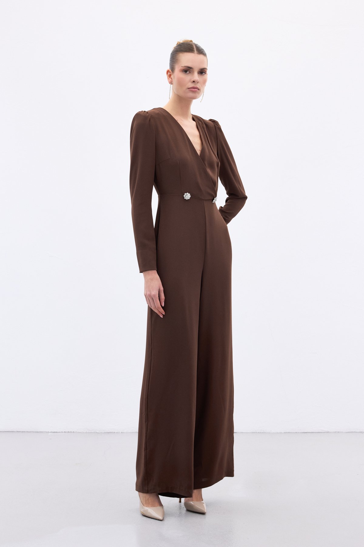 Double Breasted Crepe Jumpsuit with Ornamental Stones - Brown