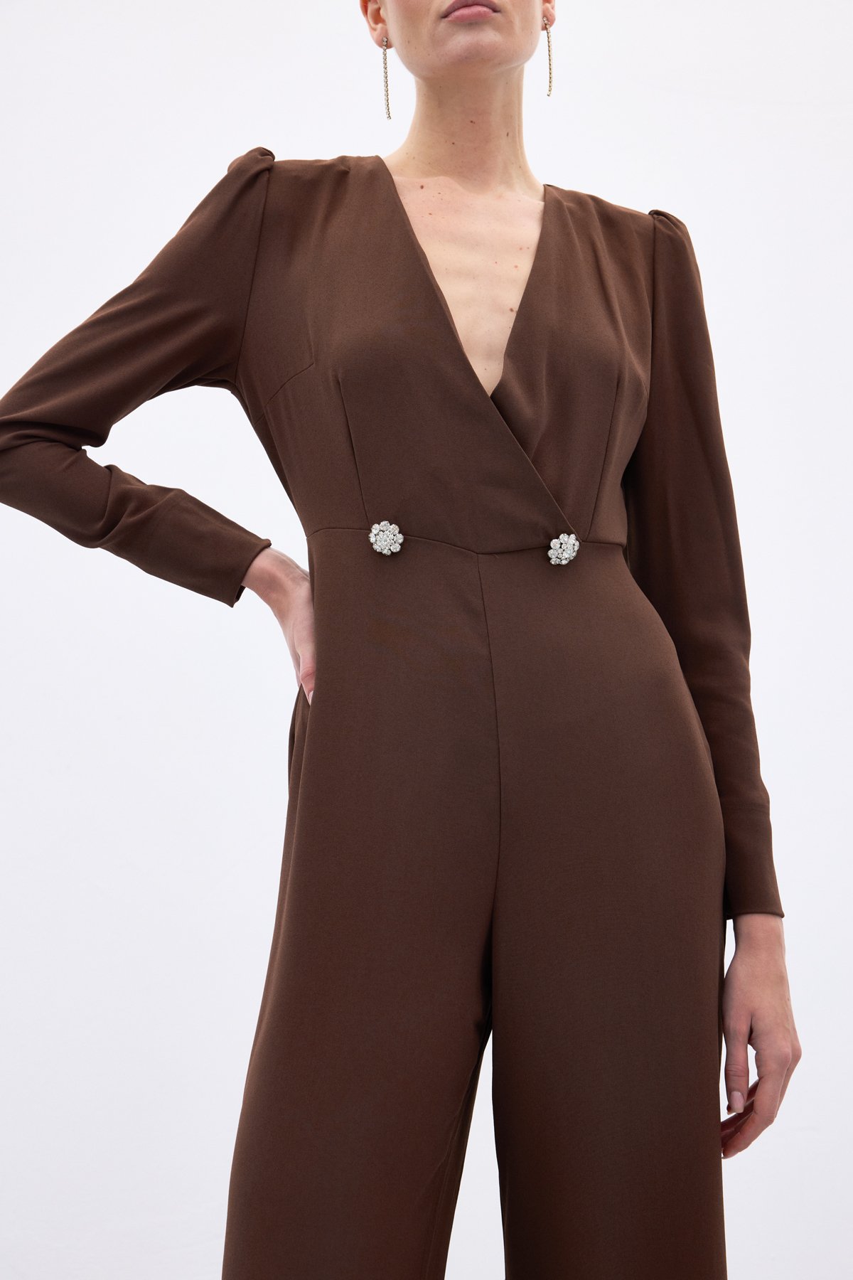 Double Breasted Crepe Jumpsuit with Ornamental Stones - Brown