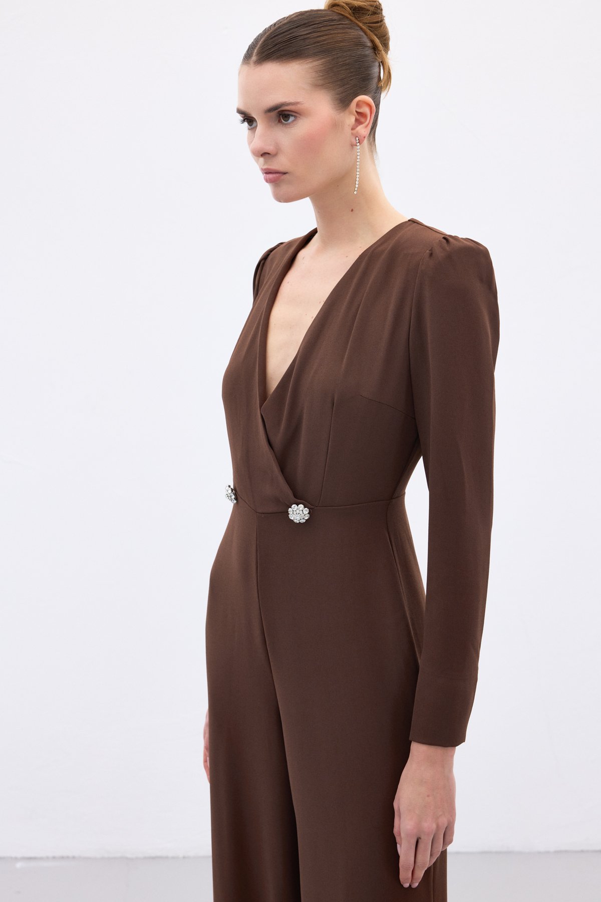 Double Breasted Crepe Jumpsuit with Ornamental Stones - Brown