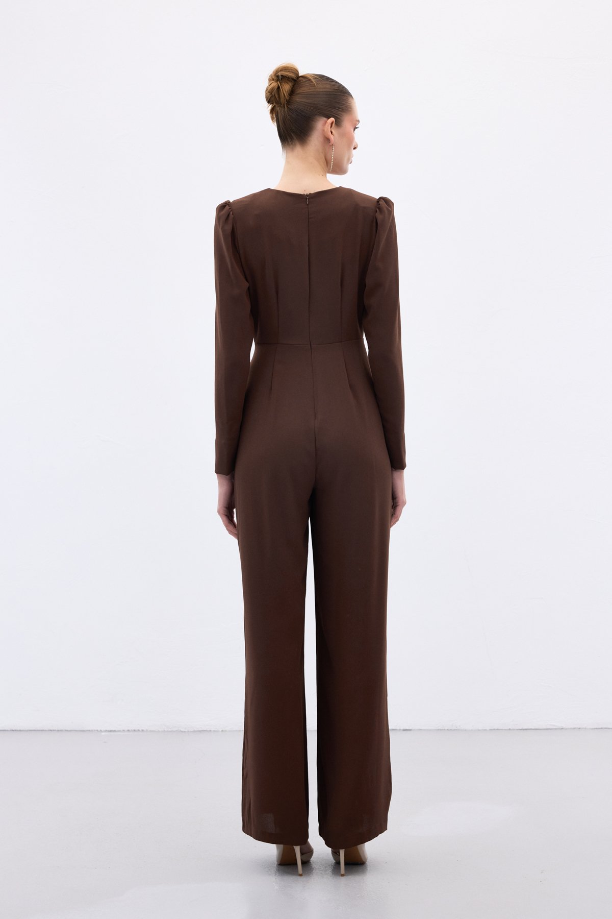 Double Breasted Crepe Jumpsuit with Ornamental Stones - Brown
