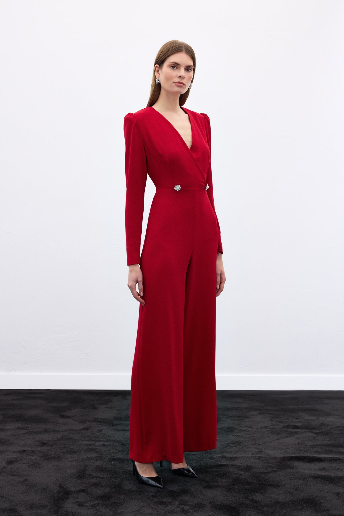 Double Breasted Crepe Jumpsuit with Ornamental Stones - Red