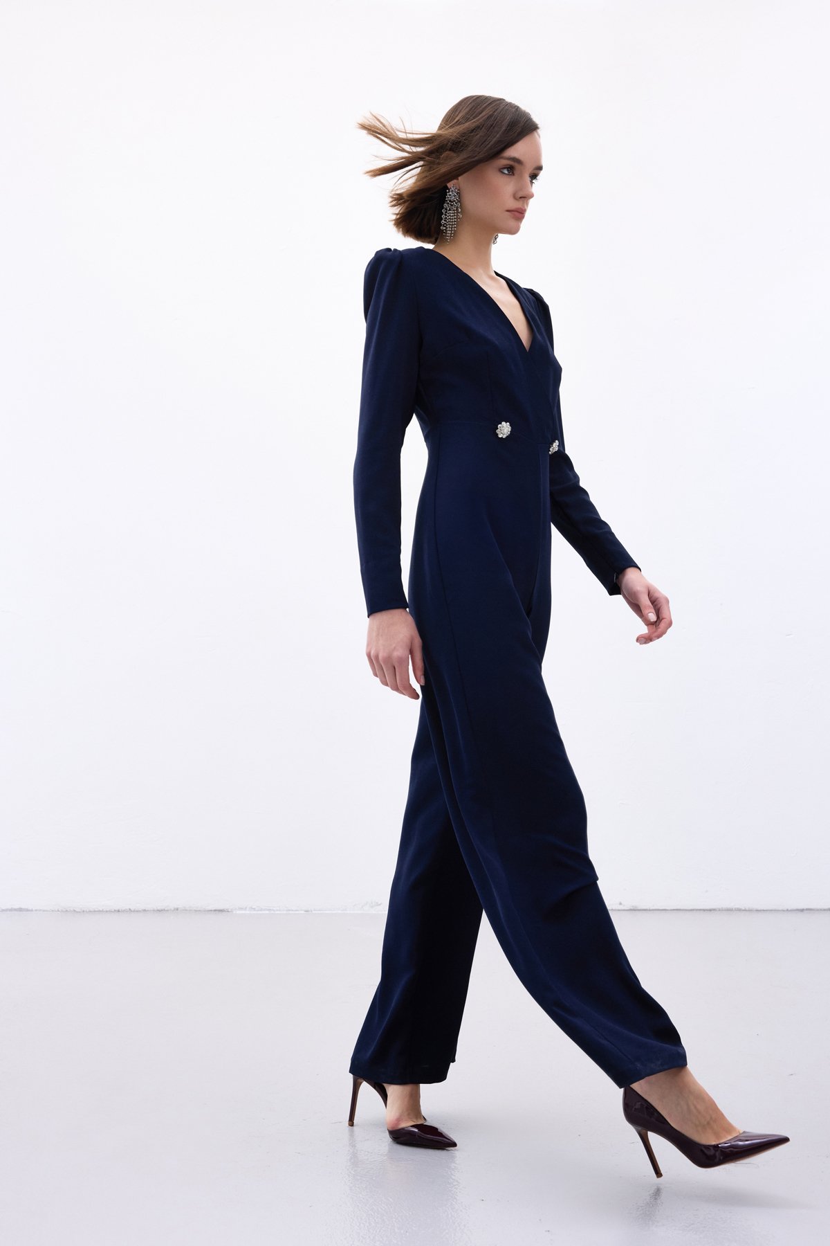 Double Breasted Crepe Jumpsuit with Ornamental Stones - Blue