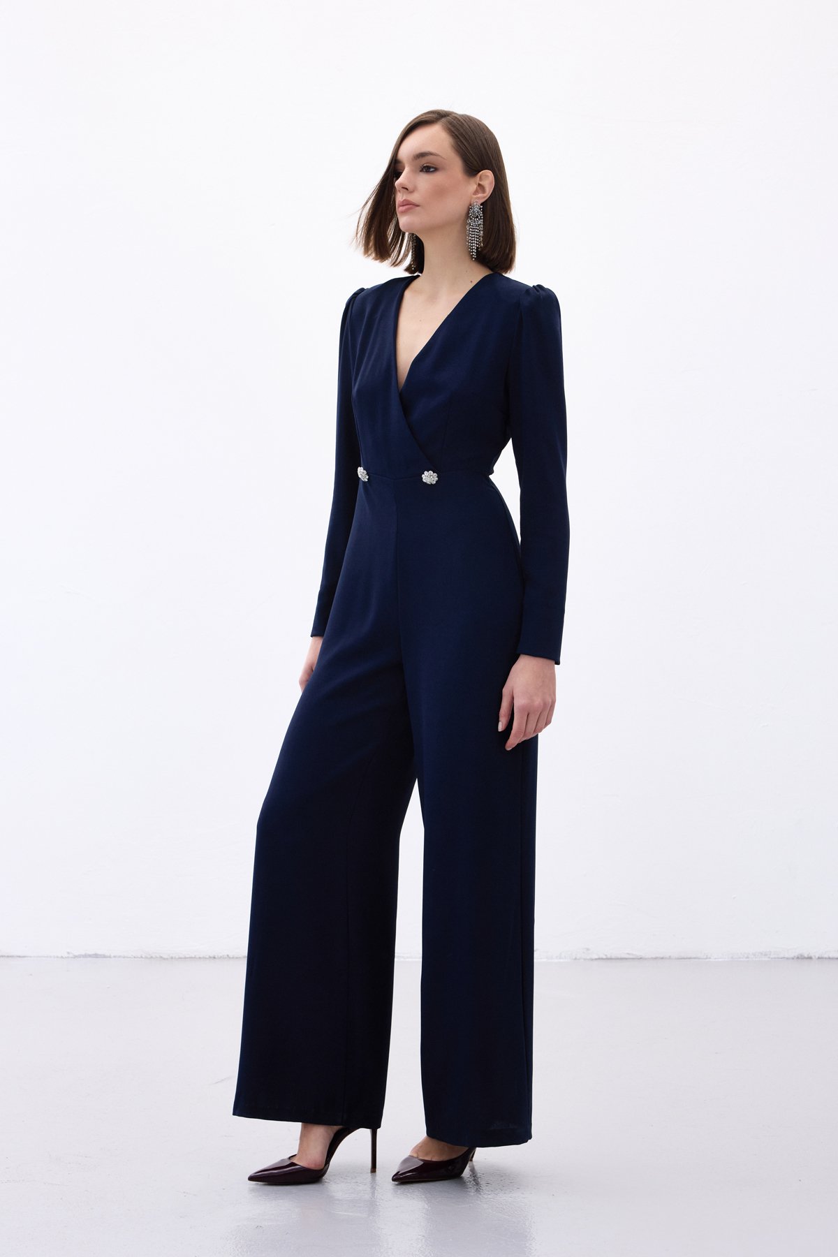 Double Breasted Crepe Jumpsuit with Ornamental Stones - Blue