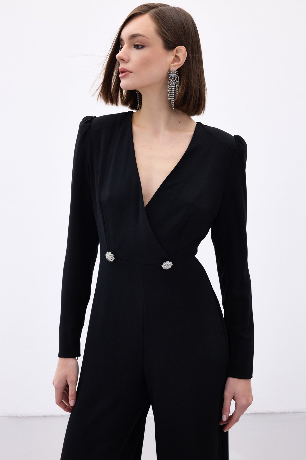 Double Breasted Crepe Jumpsuit with Ornamental Stones - Black