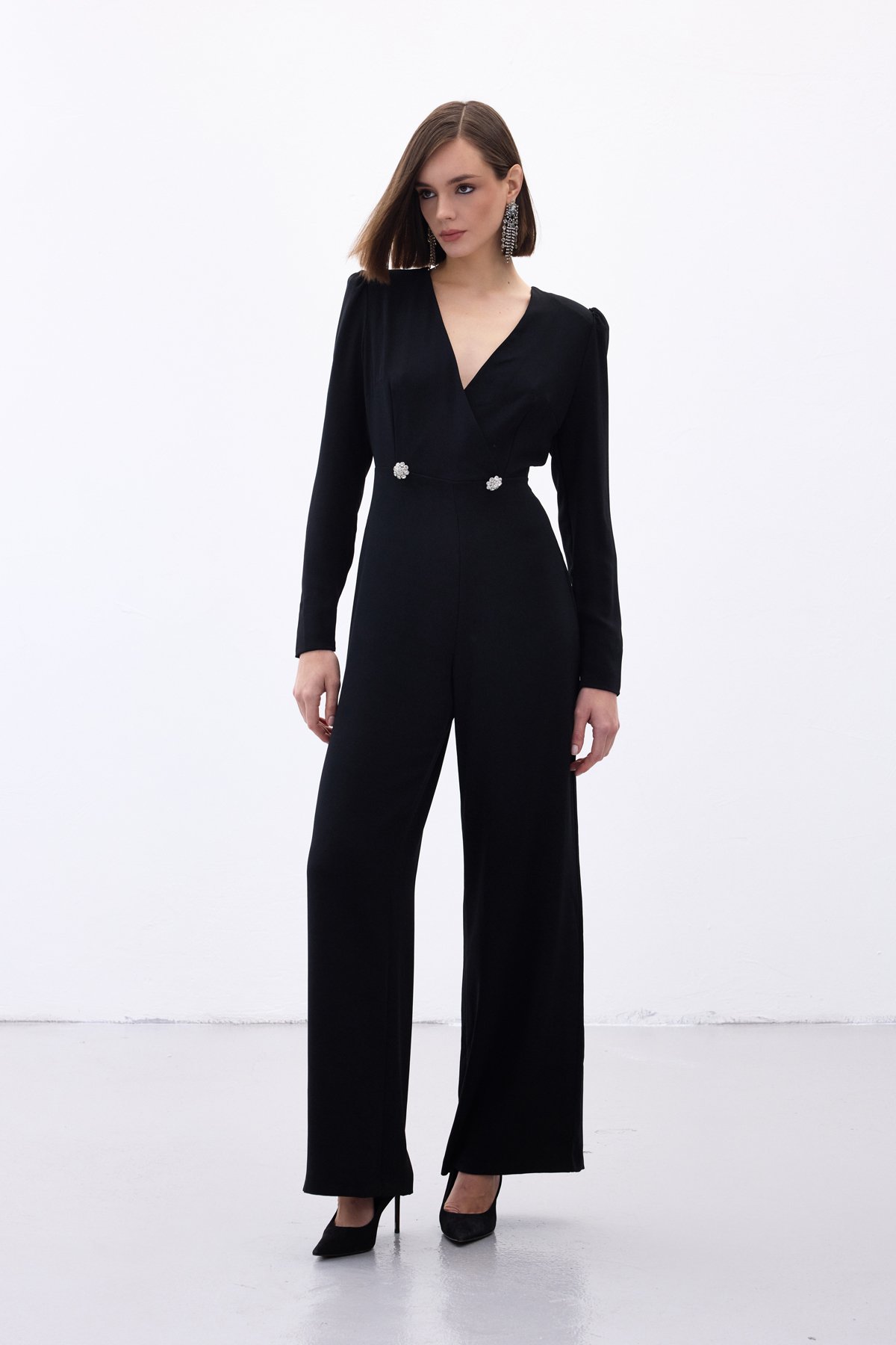 Double Breasted Crepe Jumpsuit with Ornamental Stones - Black