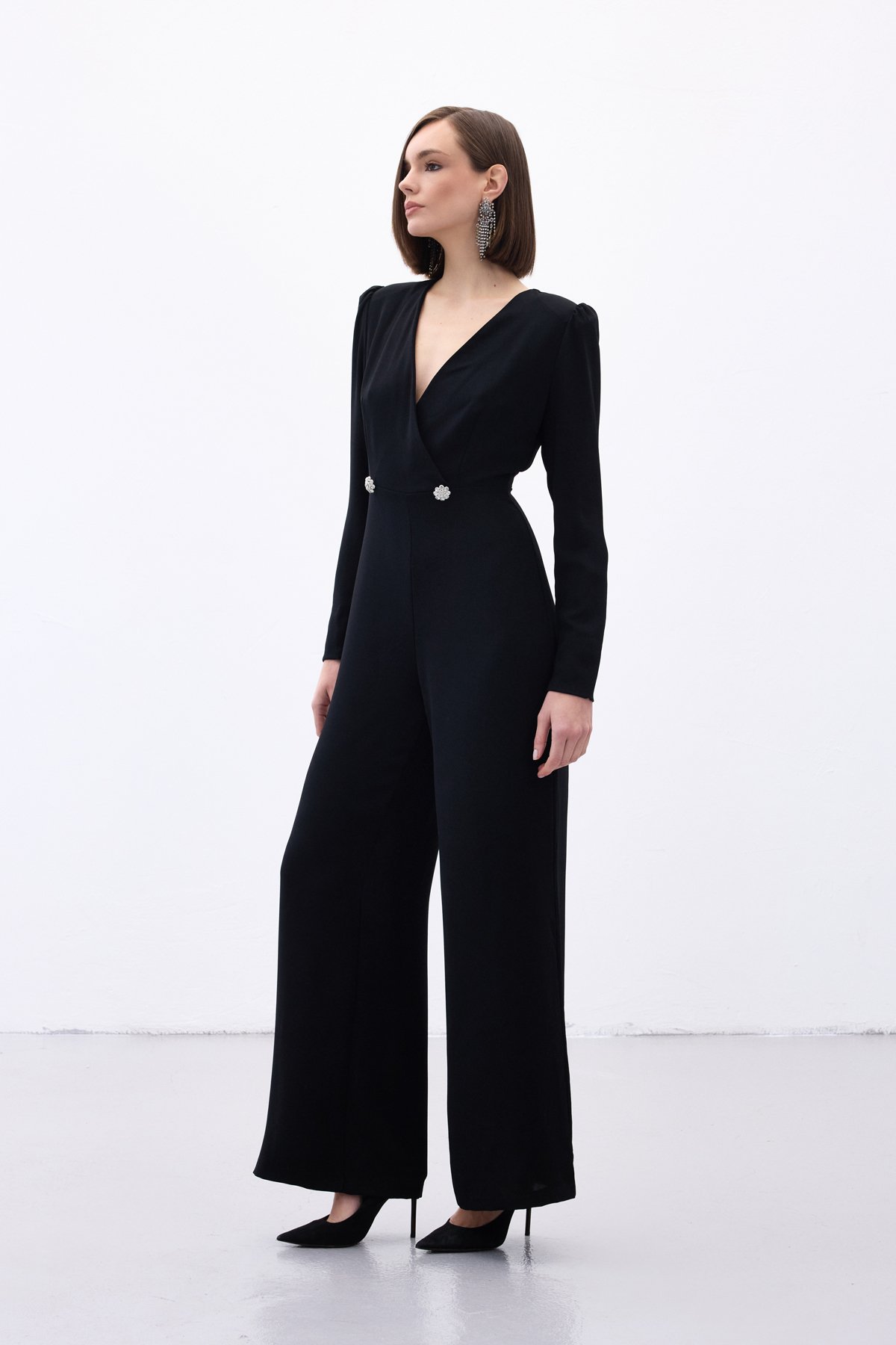 Double Breasted Crepe Jumpsuit with Ornamental Stones - Black