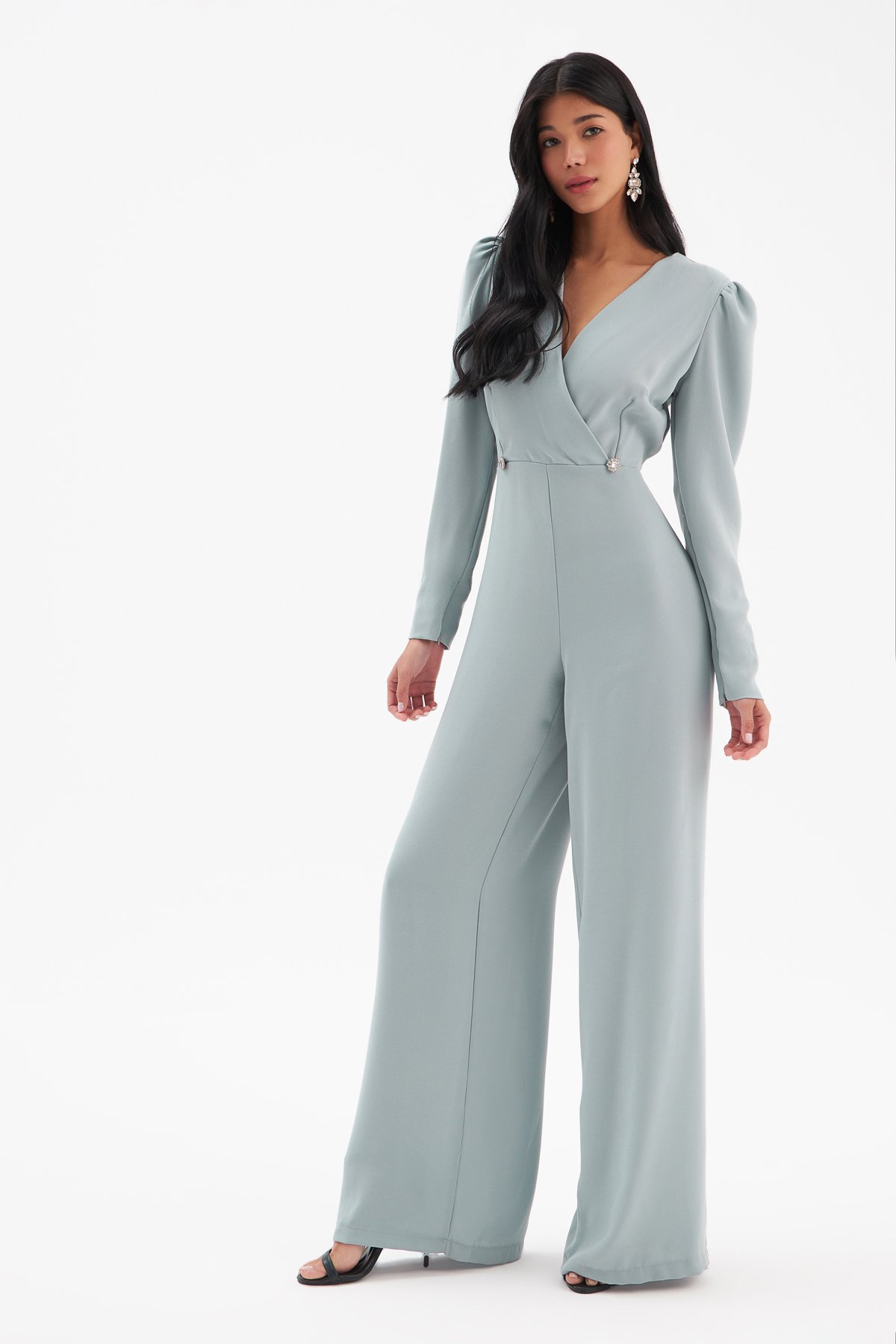 Crepe jumpsuit with double-breasted stone detail - GRAY