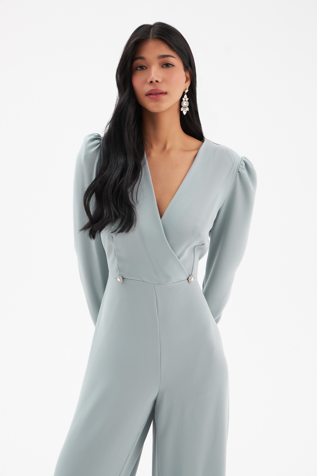 Crepe jumpsuit with double-breasted stone detail - GRAY