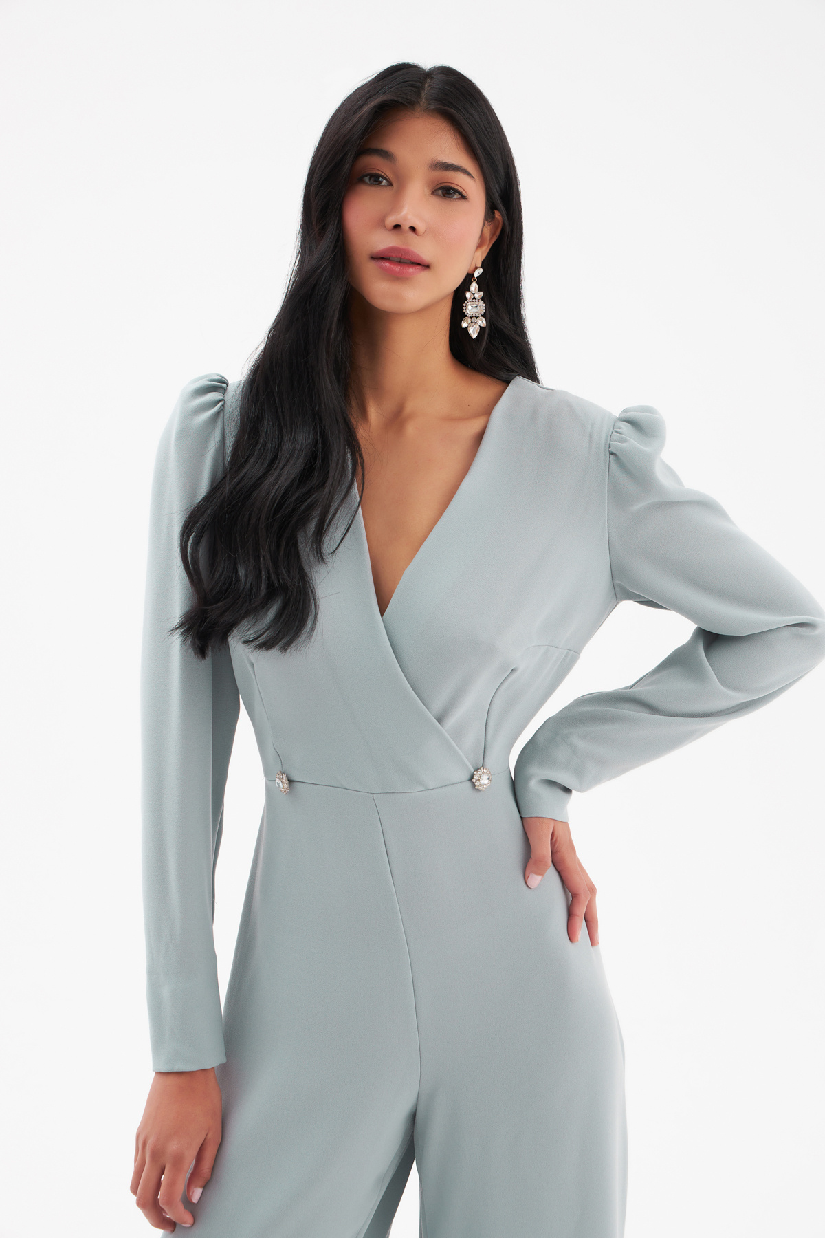 Crepe jumpsuit with double-breasted stone detail - GRAY