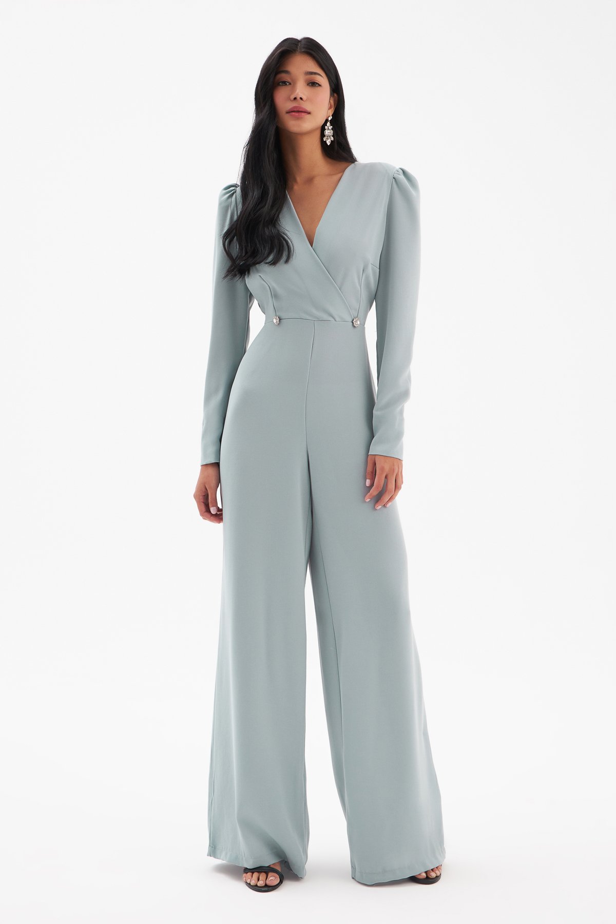 Crepe jumpsuit with double-breasted stone detail - GRAY
