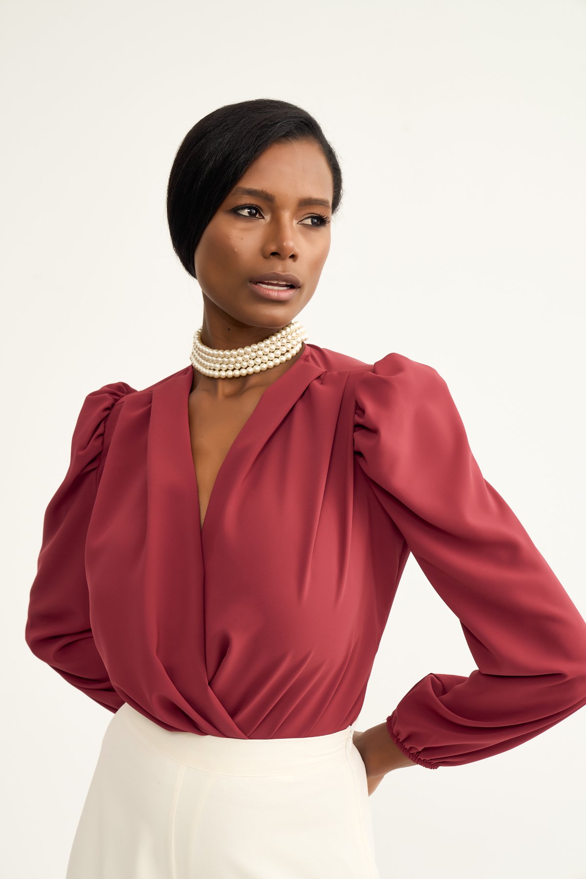 Kruvaze vatkalı bodysuit - BORDO