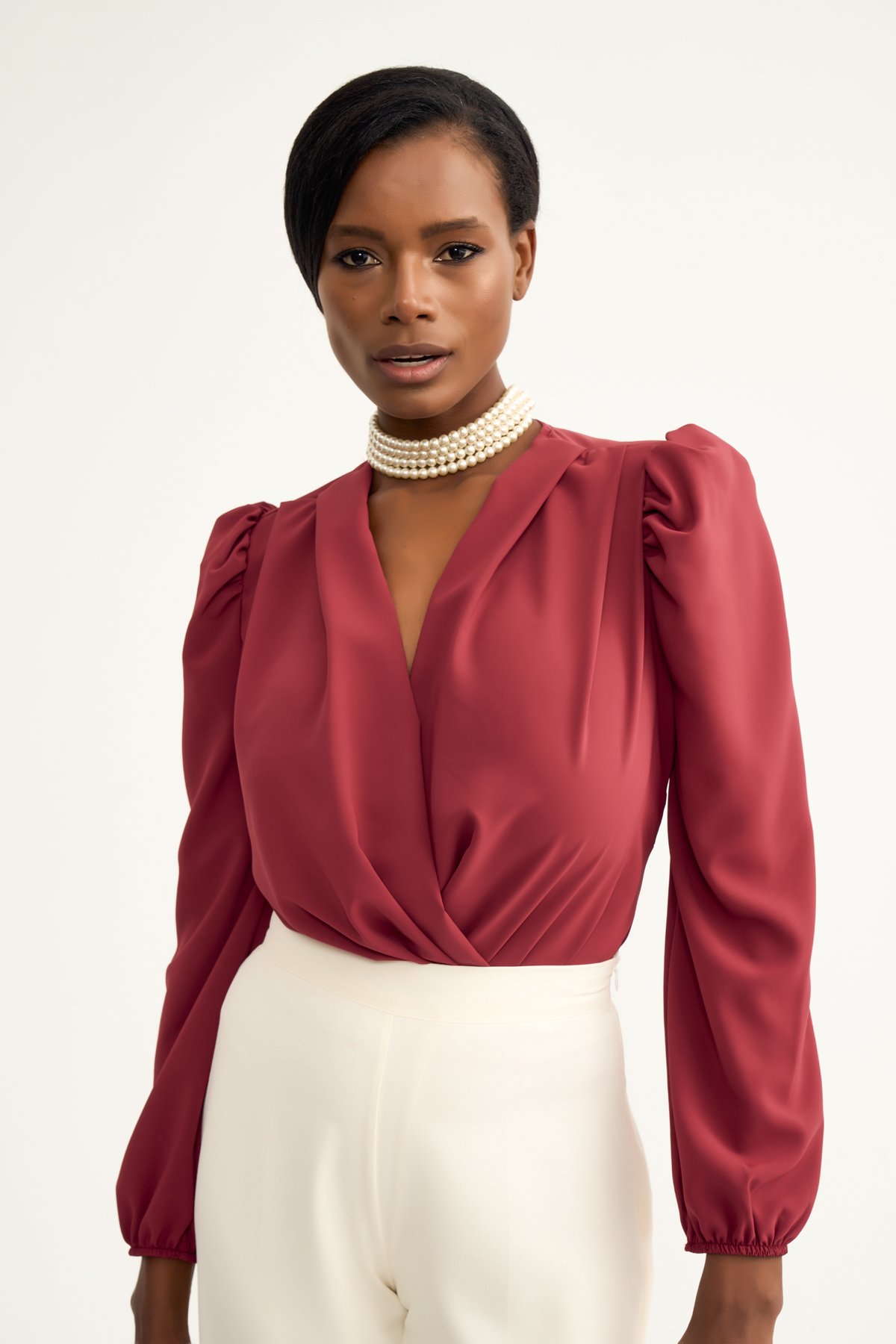 Kruvaze vatkalı bodysuit - BORDO