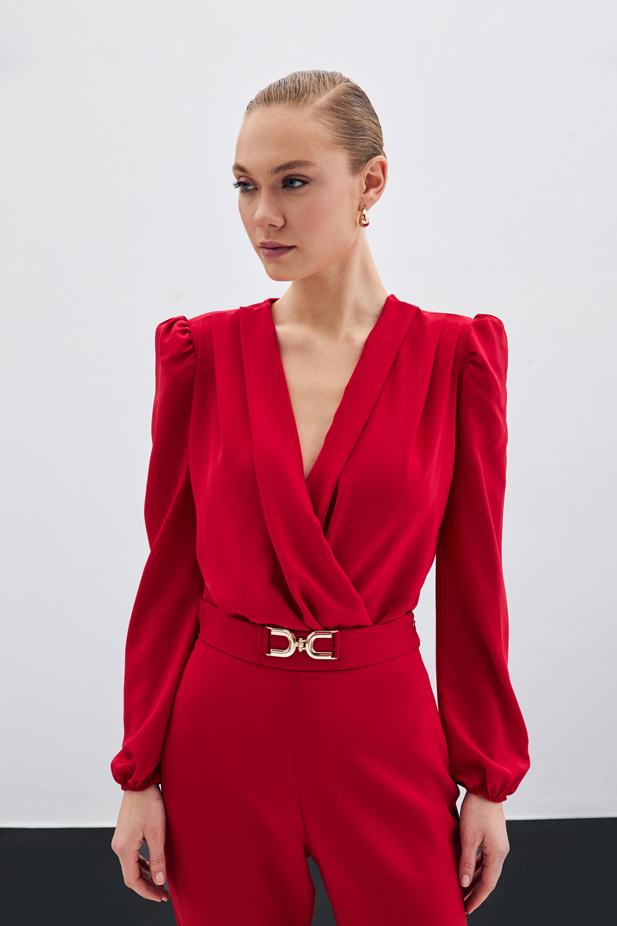 Kruvaze Vatkalı Bodysuit - Kırmızı