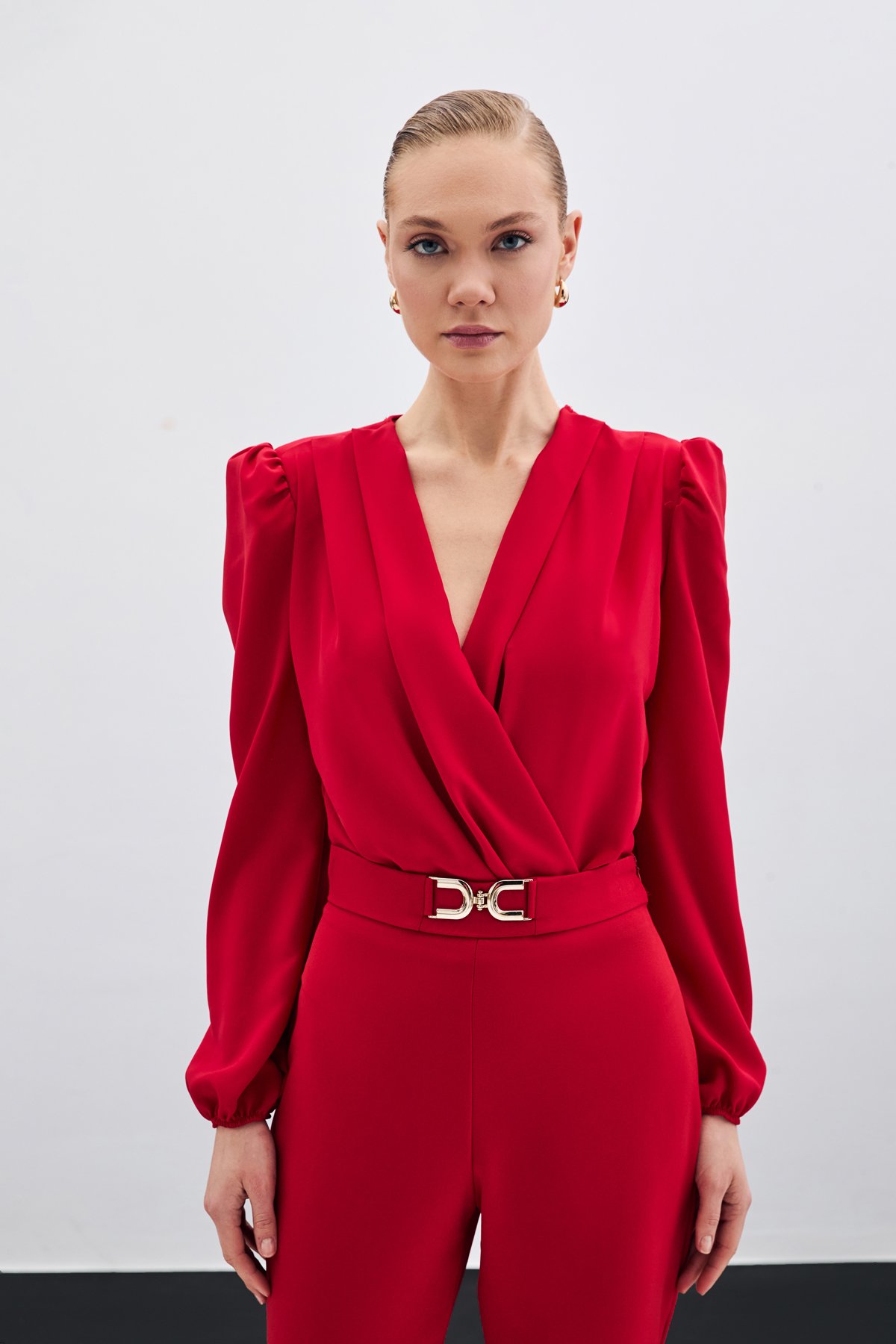 Kruvaze Vatkalı Bodysuit - Kırmızı