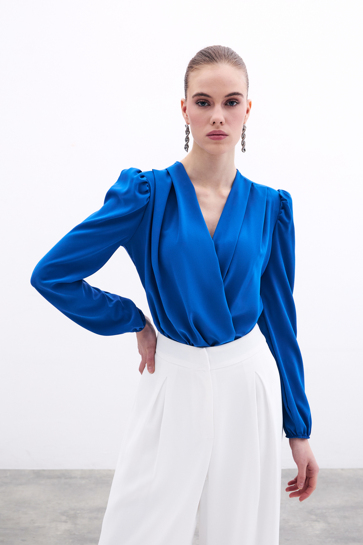 Kruvaze Vatkalı Bodysuit - Sax Mavi