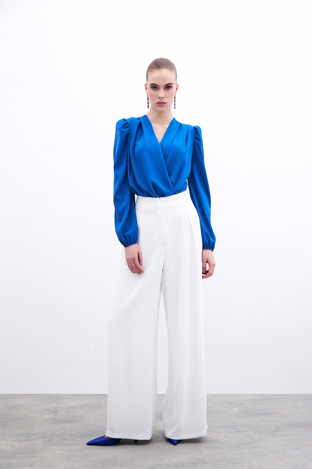 Kruvaze Vatkalı Bodysuit - Sax Mavi