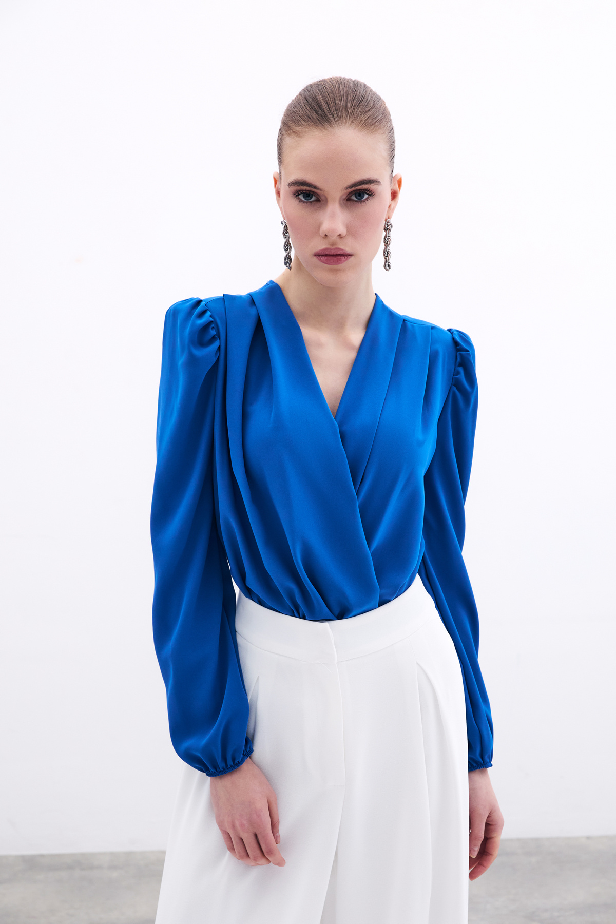 Kruvaze Vatkalı Bodysuit - Sax Mavi