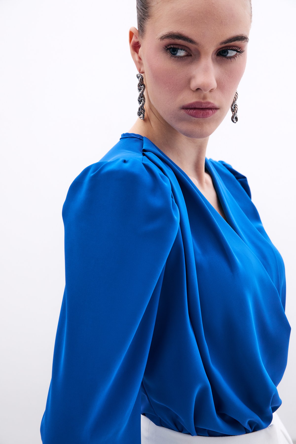 Kruvaze Vatkalı Bodysuit - Sax Mavi