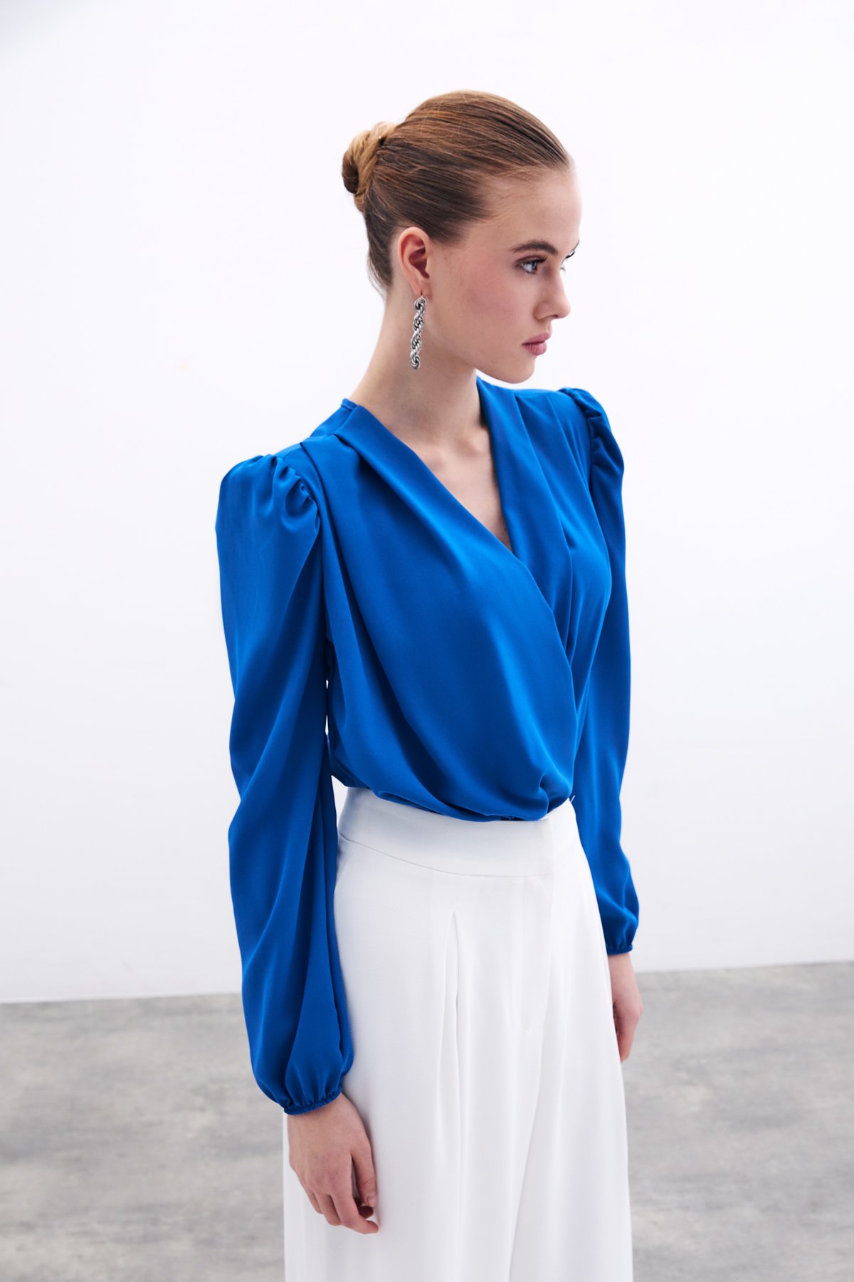 Kruvaze Vatkalı Bodysuit - Sax Mavi