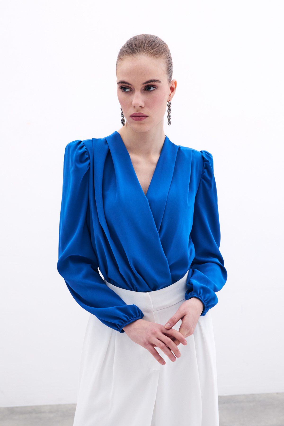 Kruvaze Vatkalı Bodysuit - Sax Mavi