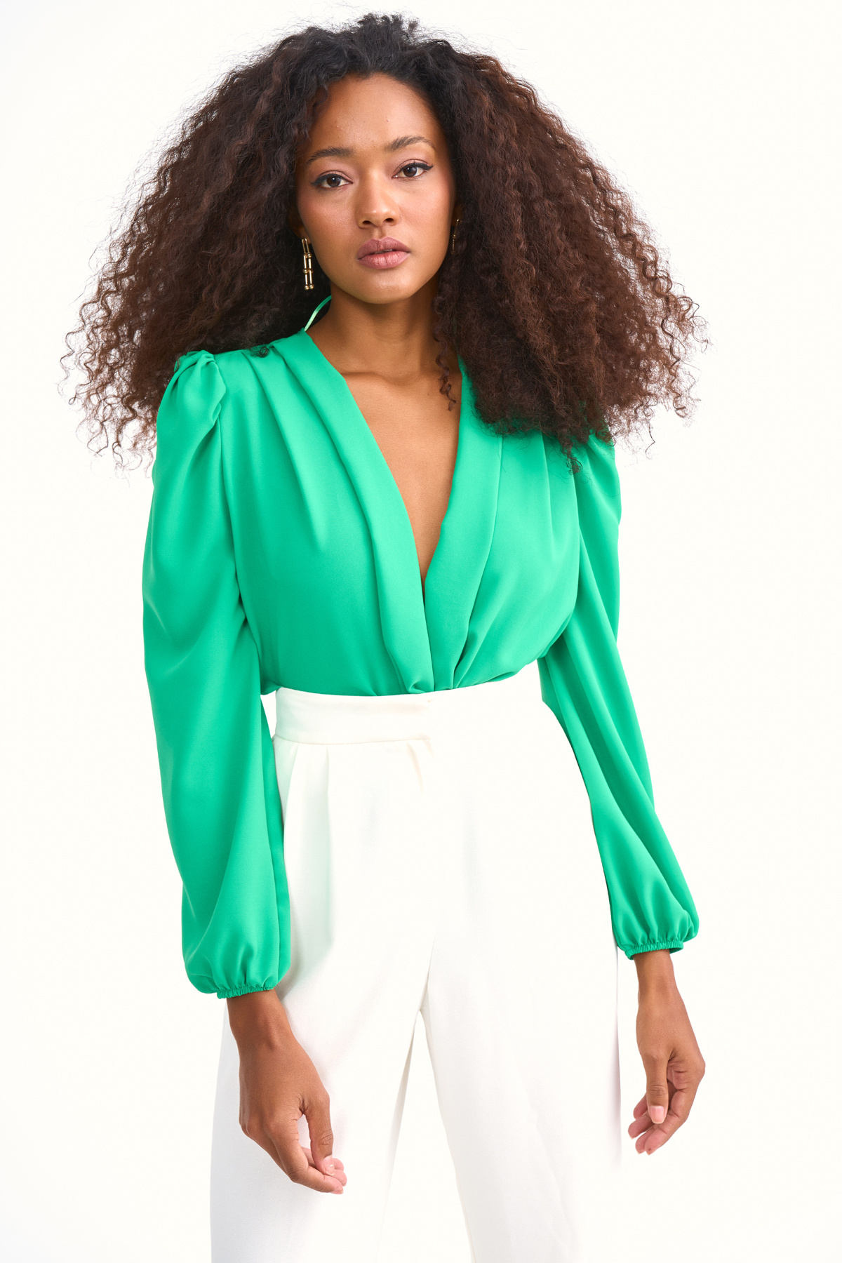 Kruvaze vatkalı bodysuit - YEŞİL