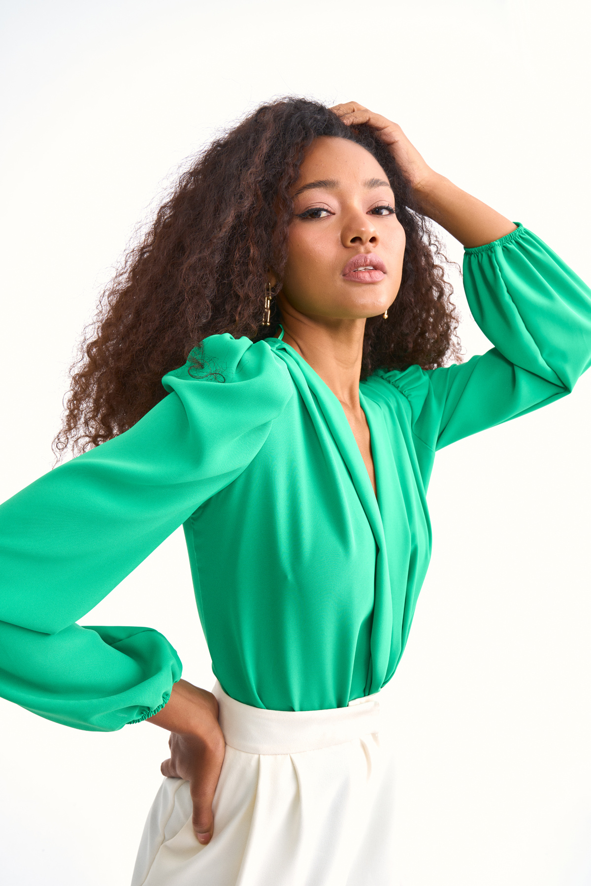 Kruvaze vatkalı bodysuit - YEŞİL