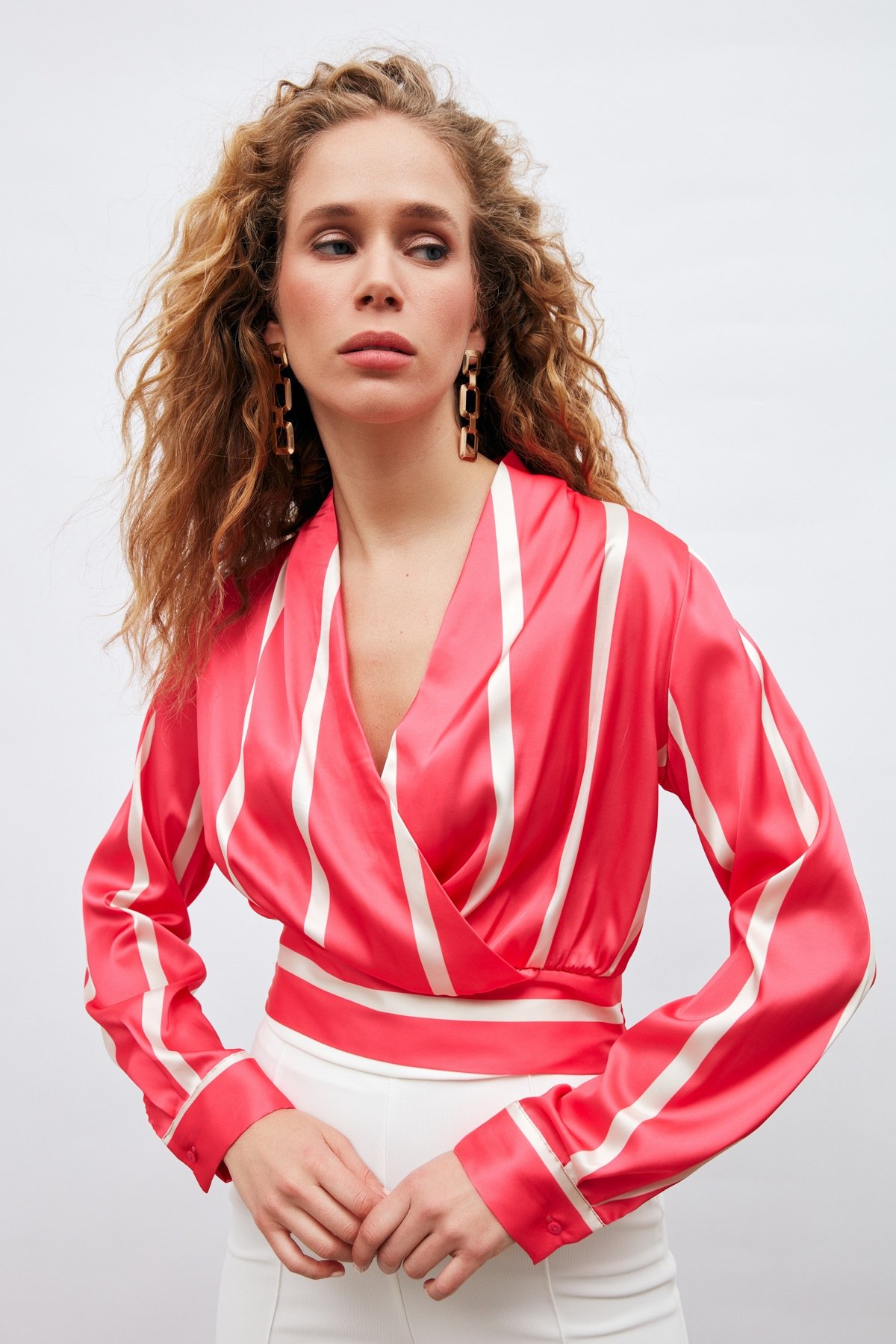 Kruvaze Yaka Çizgili Bluz - FUŞYA