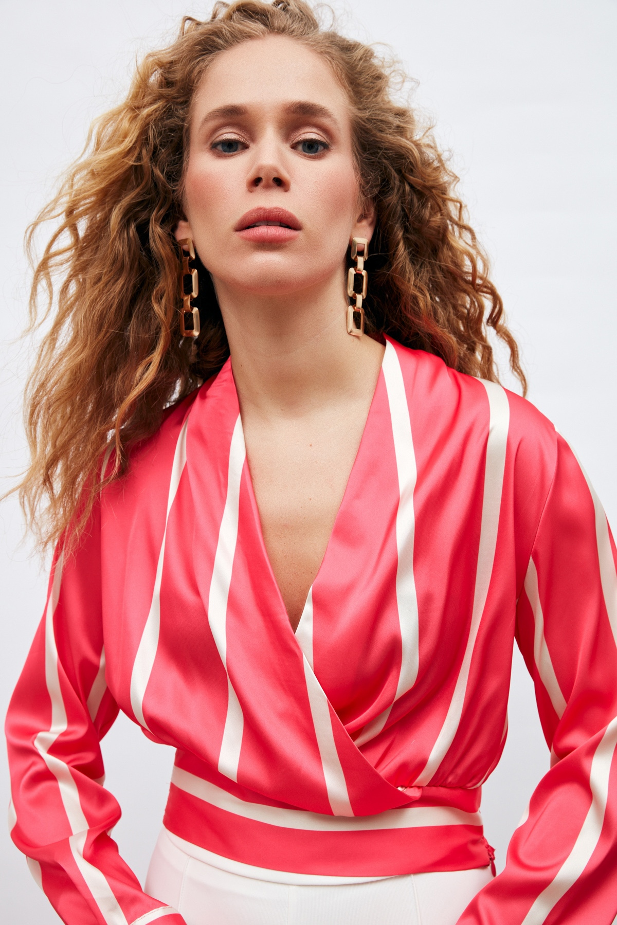 Kruvaze Yaka Çizgili Bluz - FUŞYA