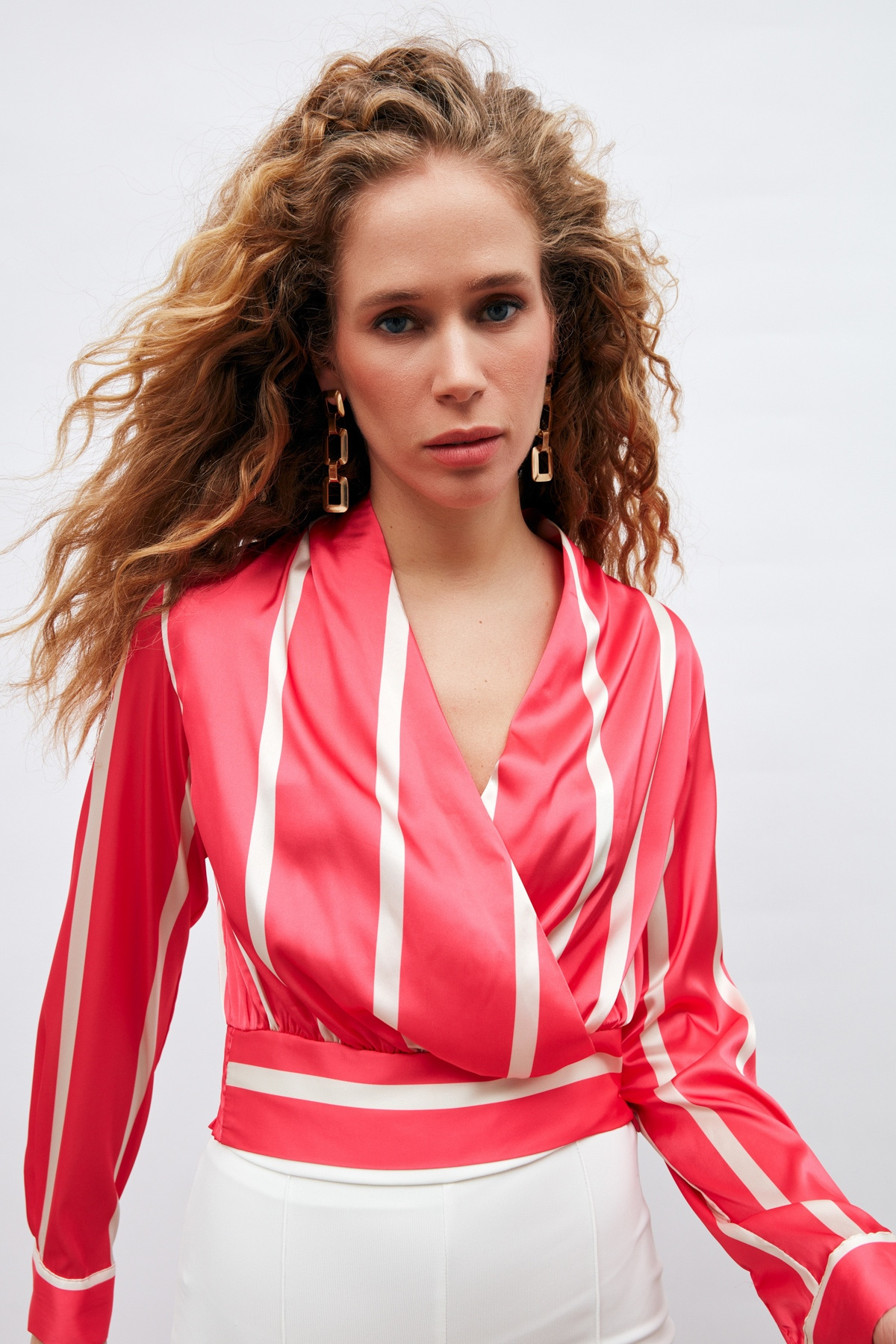 Kruvaze Yaka Çizgili Bluz - FUŞYA