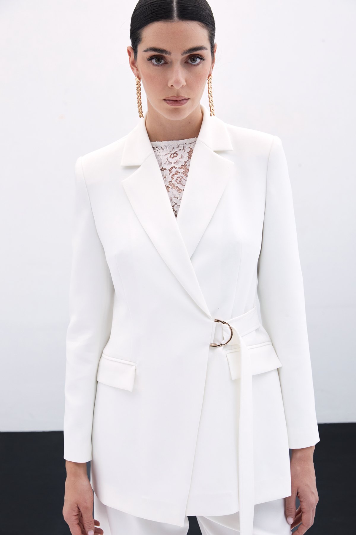 Kruvaze Yakalı Uzun Ceket - Ekru