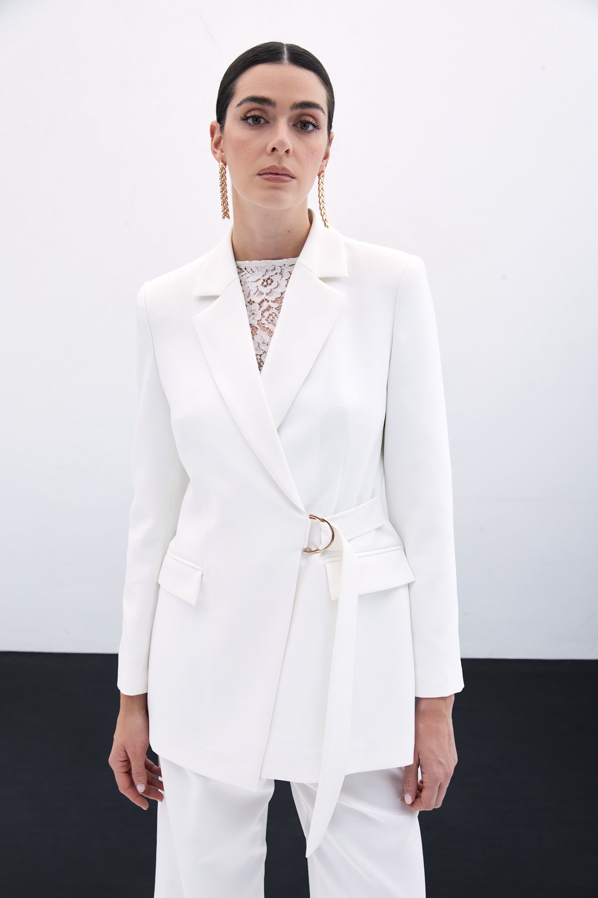 Kruvaze Yakalı Uzun Ceket - Ekru