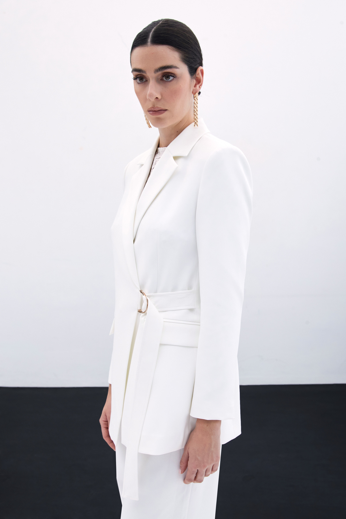 Kruvaze Yakalı Uzun Ceket - Ekru